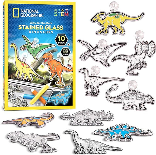 Blue Marble National Geographic Kids Stained Glass Kit - Glow in The Dark Dinosaur Toys, Kids Arts and Crafts Set, Window Sun Catchers, Kid Crafts Ages 4-8, Window Art Craft Kit, Suncatcher
