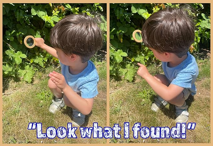 Adventure Set - 2X Wood Magnifying Glass for Kids with 4 Pictures - Wooden Montessori Toy - Learn and Explore