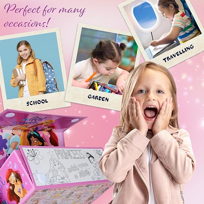 Disney Stitch Kids Colored Pencils Drawing Kit Art Set for Girls Boys Stationery with Notepad Crayons Markers Travel Case Gifts for Kids (Pink Princesses)