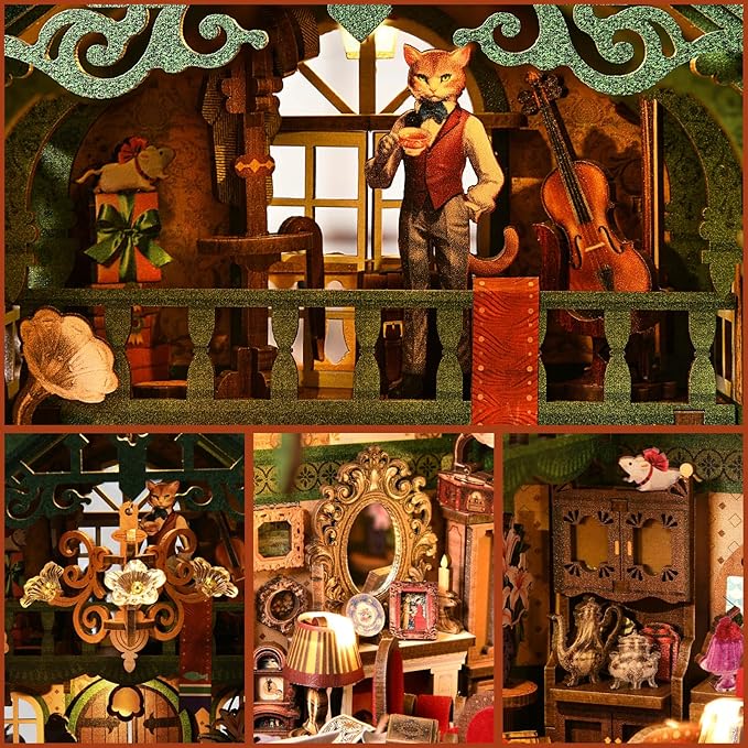 Book Nook DIY Kit for Adults Wooden 3D Puzzle Story 3D Bookend Bookshelf Decoration Miniature Doll House Interior Goods Gift,Cat Affairs Bureau