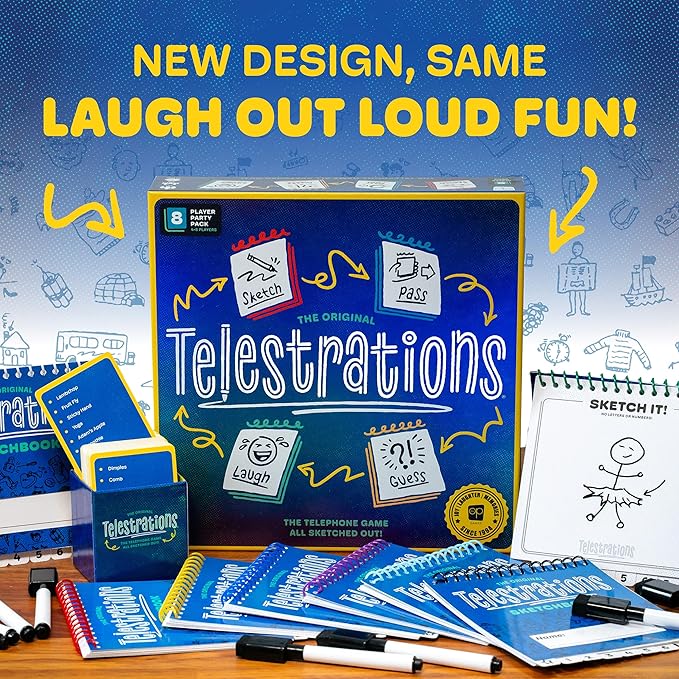 USAOPOLY Telestrations 8 Player 2nd Edition Board Game, Award Winning Hilarious and Unpredictable Must Have Party Game with a New Look, Sketch What Your Read Then Guess What You Saw, 4-8 Players
