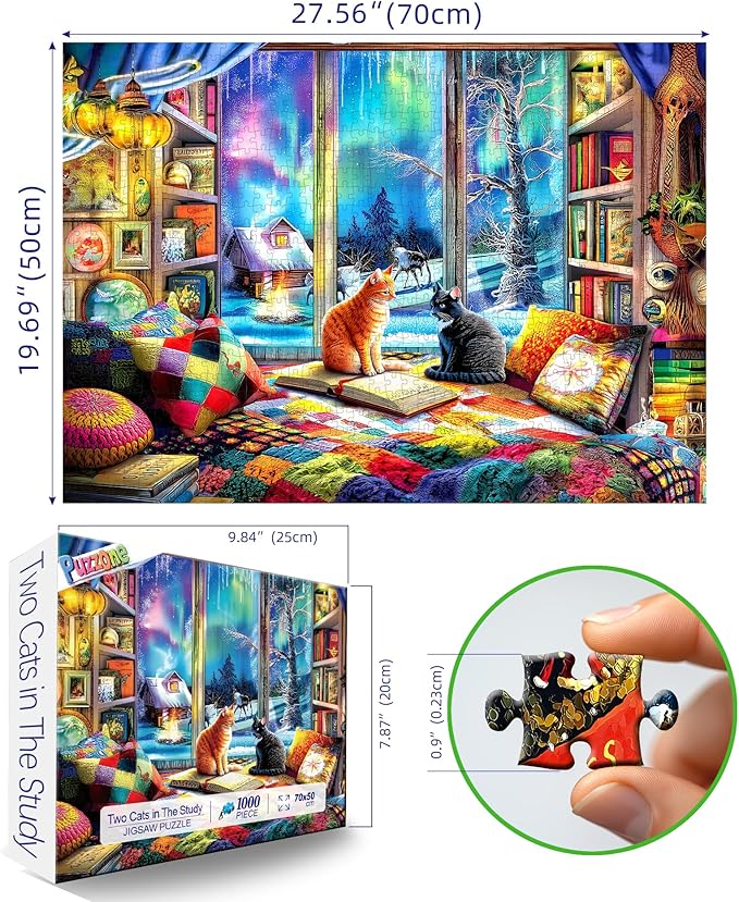 Northern Lights 1000 Piece Jigsaw Puzzle for Adults Cat Colorful Aurora Borealis Winter Scene Snowy Landscape Cozy Cabin Bookshelf Challenging Puzzle Game for Christmas Holiday Family Night (27"x19")