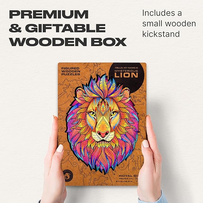 UNIDRAGON Original Wooden Jigsaw Puzzles - Mysterious Lion, 700 pcs, Royal Size 21.3"x16.5", Beautiful Gift Package, Unique Shape Best Gift for Adults and Kids, for Dad Men