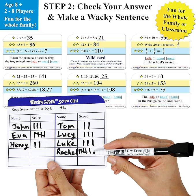 Think2Master Wacky Cards 3rd - 5th Grade. Math Card Game for Families & Classroom. Make Hilarious Sentences While Practicing Math Including Multiplication, Division & Algebra.