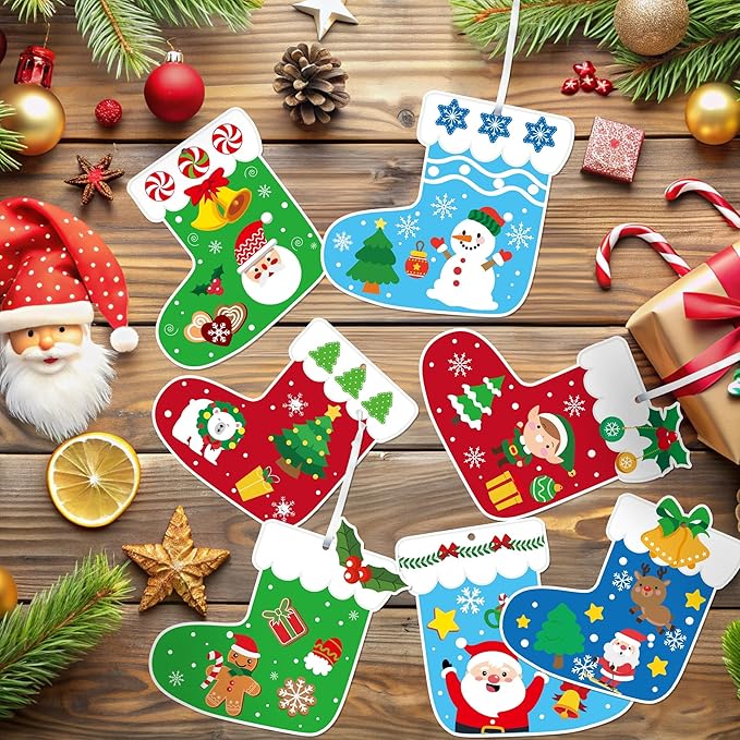 EZdhuawuse Christmas Stockings Craft Kits - 123Pcs Christmas Stocking DIY Sticker Ornaments for Kids, Make Your Own Xmas Craft Paper Stockings, DIY Xmas Ornaments Kits for Tree Wall Door Hanging