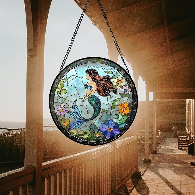 Stained Glass Window Hanging - Light Blue Mermaid Suncatcher for Door Terrace Garden Home Decor, Ocean Flowers Sun Catcher Birthday Gifts for Lovers Women Men Dad Mom Nana 9.8 in