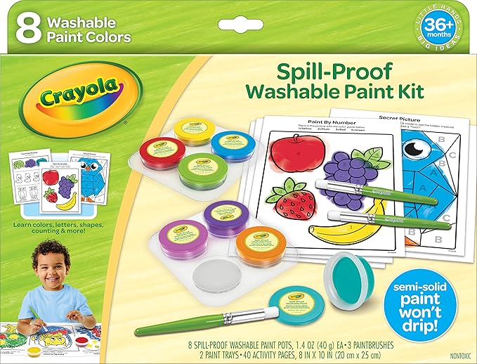 Crayola Spill Proof Paint Set (8ct), Stocking Stuffer & Holiday Gifts for Toddlers, Washable Toddler Paint Kit, With Brushes, Pots, Activity Pages, Ages 3+
