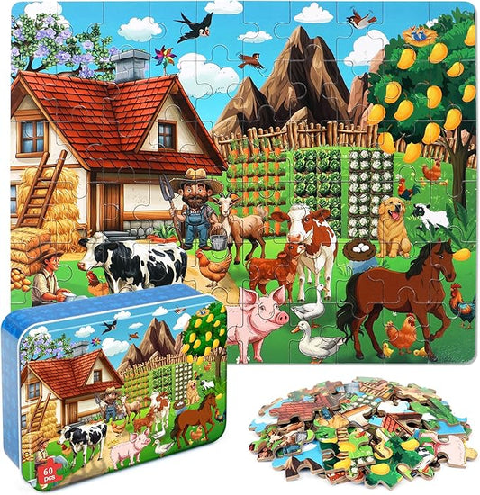 LELEMON Puzzles for Kids Ages 4-6, Farm 60 Piece Puzzles for Kids in a Metal Box, Educational Jigsaw Puzzles Childrens Puzzle Games Puzzle Toys for Girls and Boys