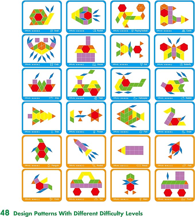 300 PCS Wooden Pattern Blocks Set for Kids with 24 Double-Sided Design Cards(48 Patterns) and Storage Bag in Gift Box,Fun Montessori Learning Toys