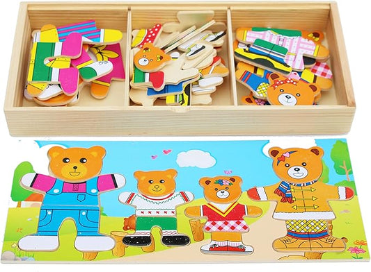 TOWO Wooden Bear Family Dress up Puzzle Box - Sorting and Matching Jigsaw Puzzle - Wooden Sorting Toys for 3 Year Old - Wooden Puzzles for 3 Years Old Girls