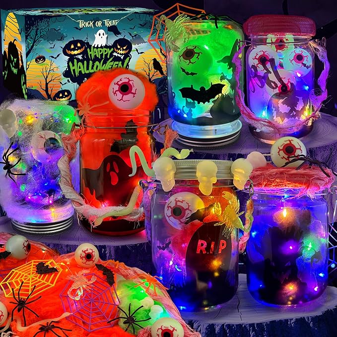AIVEI 6 Pack Halloween Crafts for Kids Mason Jar with Accessories DIY Lantern Crafts Kits Halloween Activities Toys Bulk Art Supplies Gifts for Girls Boys Adults