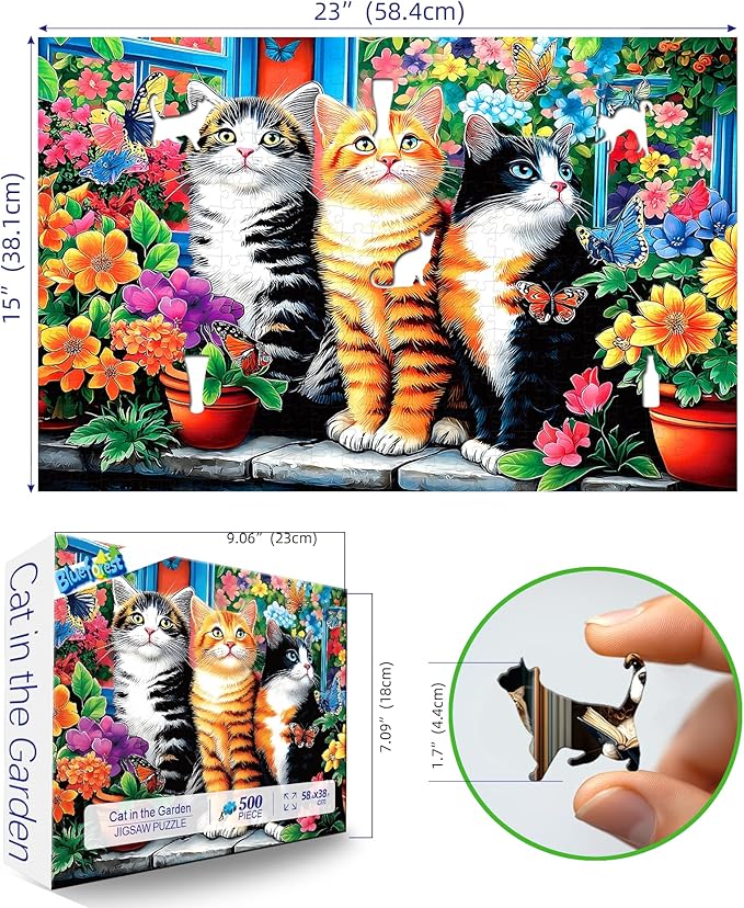 Blueforest Puzzles for Adults 500 Pieces - Cats in Garden with Vibrant Flowers & Butterflies 500 Piece Jigsaw Puzzles, 23x15 Inches Intermediate Challenge Puzzle
