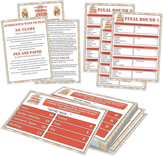 Thanksgiving Friendly Feud Quiz, Family Party Game - 12 Question Cards & 3 Final Rounds Cards