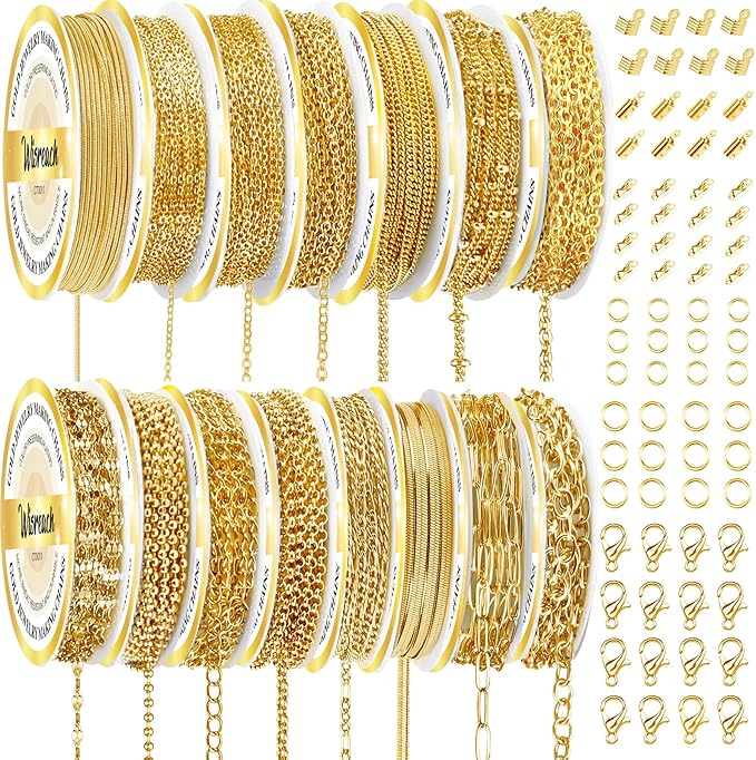 Wisreach Chains Jewelry Making Supplies Gold Chain for Making Jewelry, 111.5 Feet 15 Rolls for DIY Necklace Bracelet Findings with Jump Rings/Lobster Clasps/Connectors