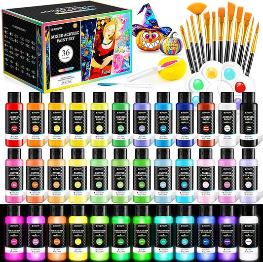 52 PCS Classic & Pastel & Glow in the Dark Acrylic Paint Set with 12 Brushes, 2 Knives & Palette, 36 Colors Art Craft Paint for Beginners, Halloween Pumpkin Canvas Ceramic Rock Painting Kit