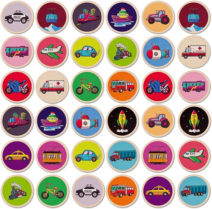 Montessori-Inspired Wooden Matching Game for Toddlers 2-4 Years - Things that Go - Durable, Scratch-Resistant 36 Card Set, Includes Carry Bag - Memory Game for Toddlers 2-4 Years - Means of Transport