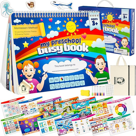 Montessori Busy Book for Toddlers 3–5 | Preschool Learning Activities | Educational Toddler Book with 14 Themes, 15 Drawing Pages & Guided Stickers | Fine Motor Skills Toy & Travel Activity