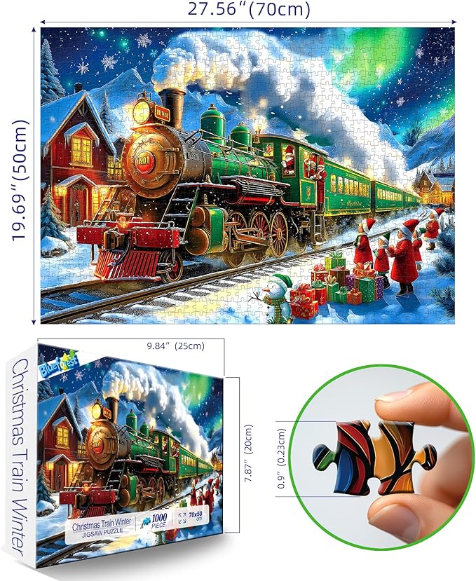 Blueforest Christmas 1000 Piece Jigsaw Puzzle for Adults - 27.5x19.7 Inches Holiday Train Scene with Aurora & Santa, Challenging Fun Adult Puzzles, Home Decor