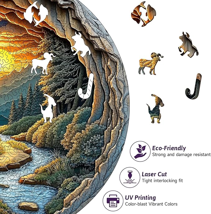 Nature Art Wooden Jigsaw for Adults - Unique Animal Shaped Wood Jigsaw Puzzle, 454 Pieces Large Size Adult Wooden Puzzles, Round Cave Stunning Sunset Forest Scene Landscape Wood Puzzle
