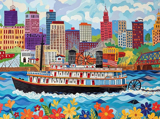 Cross & Glory - Queen City Paddle Wheel Adventure - 1000 Piece Jigsaw Puzzle for Adults | Historic Cincinnati Riverboat Scene | Vibrant Folk Art Design with Satin Finish | 20x27 Inches