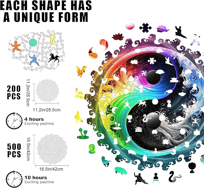 Mys Aurora Unique Wooden Jigsaw Puzzles - Yin Yang Mandala, 500 Pcs King Size 16.8" x 16.8", Original Mandala Wood Puzzle, Beautiful Package, Best Gift for Adults