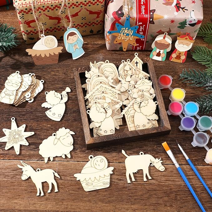 60 Pcs Wood Christmas Crafts for Kids DIY Paint Xmas Ornaments Blank Unfinished Wooden Cutouts Shapes Slices Hanging Embellishment for Christmas Tree Holiday Party Decor(Jesus Nativity)