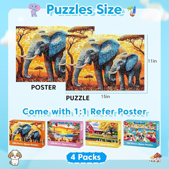 4-Pack Puzzles for Kids Ages 6-8 8-10 Year Old - Elephants, Farm, Beach, Dogs, Large Piece Puzzles for Seniors, 100 Pieces Jigsaw Puzzle for Kids Ages 4-6, Learning Educational Toys