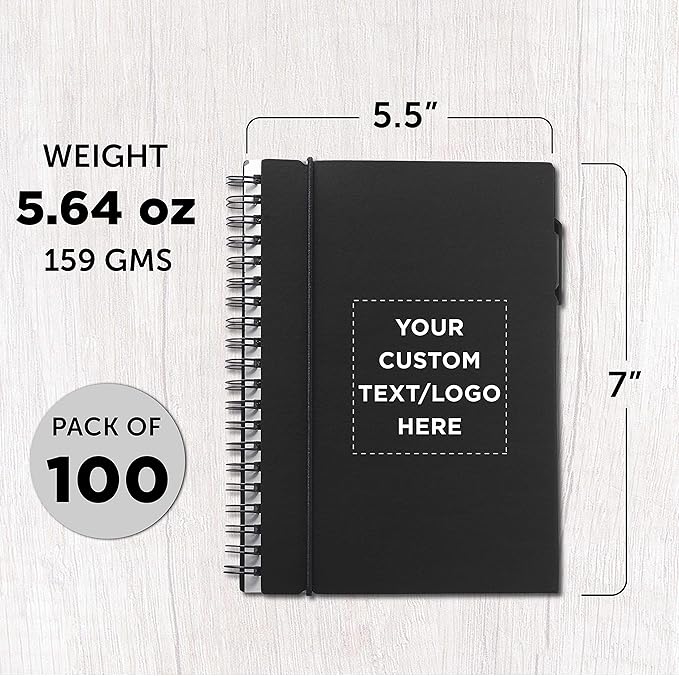DISCOUNT PROMOS Custom Spiral Notebooks with Elastic Closure Set of 100, Personalized Bulk Pack - Perfect for School, Office, Business and More - Black