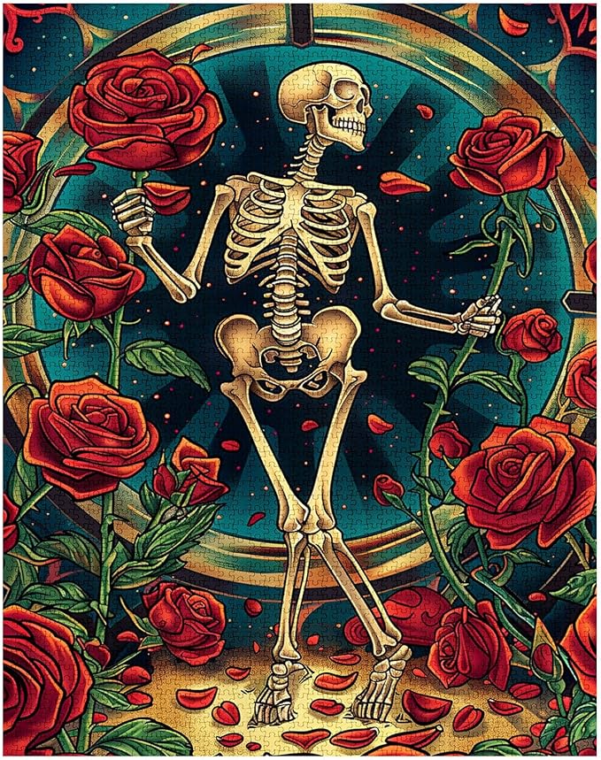 Tucocoo 1000 Piece Jigsaw Puzzles for Adults Human Skeleton Painting Puzzle Skull Dancing with Red Roses Art 1000 Pieces Puzzles for Challenging Family Activity Game DIY Puzzle Wall Decor Gifts