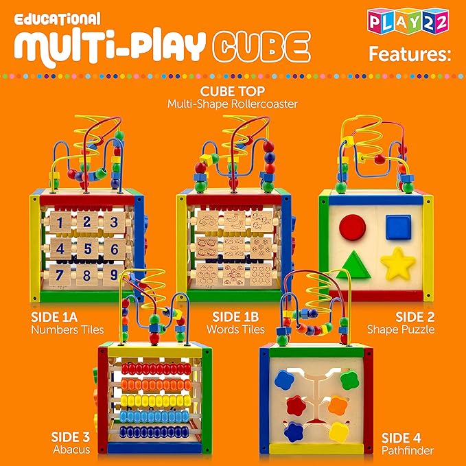 Wooden Activity Play Cube 6 in-1 for Baby with Removable Bead Maze, Shape Sorter, Abacus Counting Beads & Numbers, Sliding Shapes, 8Pcs Stacking Cups – Play22
