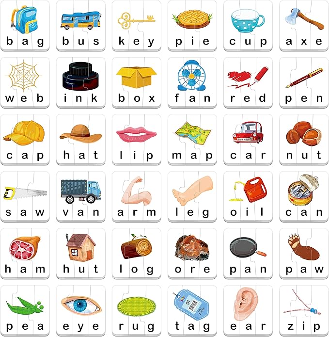72 Word Spelling Puzzles with Error-Correction Mechanism in 3 Pieces, Perfect for Preschool Learning (36 Block Double Sided)