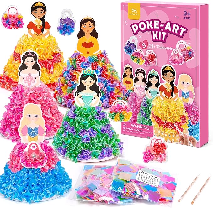 PP OPOUNT Poke Art Kits for Girls, 5 pcs 3D Magical Princess & 5 Bags Kids Paper Craft Kits, DIY Wood Craft Kit, Mess-Free Creative Activity Art and Crafts, Birthday Christmas Gift for Girls Ages 4-8