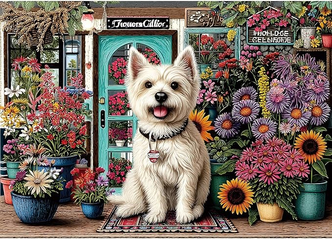 Dog Flower Shop 1000 Piece Jigsaw Puzzle for Adults Colorful Garden Scene Sunflowers Challenging Puzzle for Family Game Night Gifts & Home Decor for Puzzle Lovers (27.6" x 19.7")