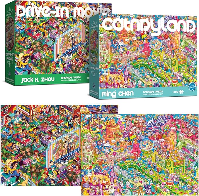 Antelope 2 in 1 1000 Piece Puzzle Bundle - Catndyland - 1000 Piece Jigsaw Puzzle Bundle with Drive in Movie - 1000 Piece Jigsaw Puzzle