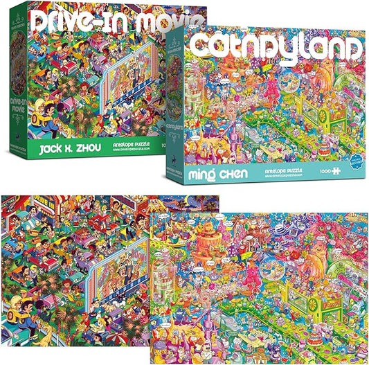 Antelope 2 in 1 1000 Piece Puzzle Bundle - Catndyland - 1000 Piece Jigsaw Puzzle Bundle with Drive in Movie - 1000 Piece Jigsaw Puzzle