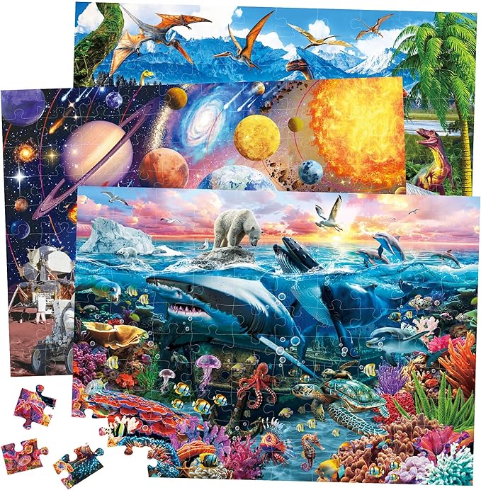 BenBen Puzzles for Kids Ages 4-6, 3 Pack 100 Pieces Large Puzzles for Toddlers 3-5 (Dinosaurs, Outer Space, Ocean Life), Learning & Educational Games for Kids 6-8, 19.75” x 13.75”