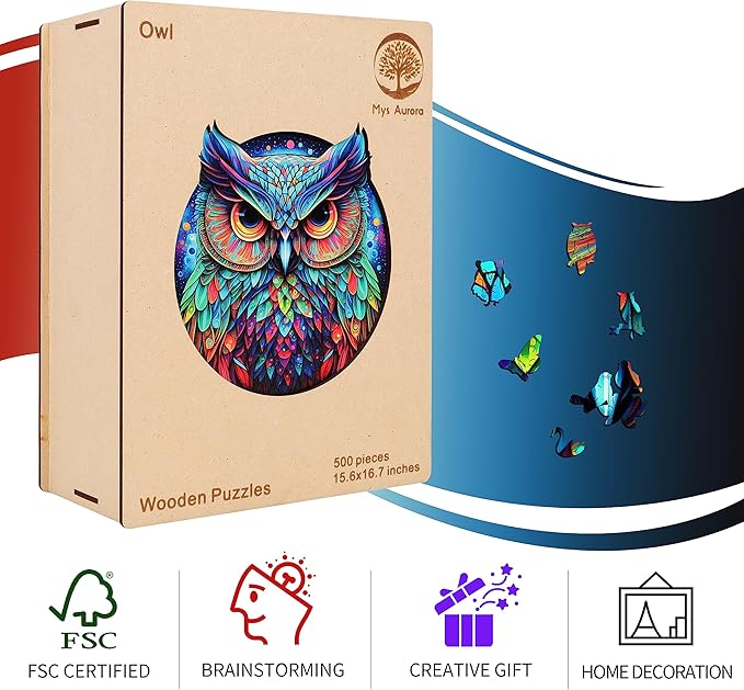 Mys Aurora Unique Wooden Jigsaw Puzzles - Cute Owl, 200 Pcs Medium Size 11.2'' x 10.5'', Luxurious Animal Shaped Wood Puzzle, Beautiful Package, Best Gift for Adults