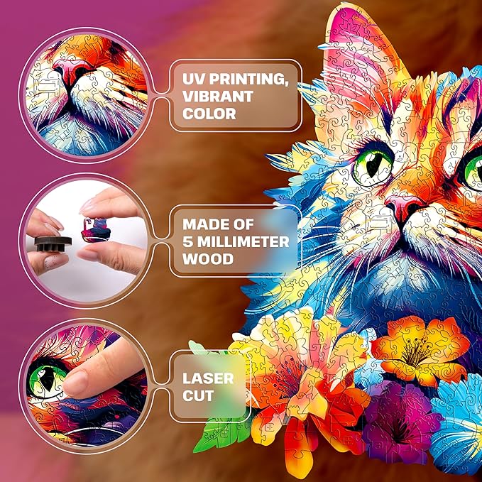 ESC WELT Wooden Cat Puzzle 200 Pieces - Captivating Mind Entertainment for Teens and Adults - Fun and Environmentally Friendly Toy - Challenging Jigsaw Game - Wooden Puzzle