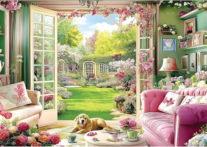 Blueforest 500 Piece Jigsaw Puzzle for Adults - Unique Shape Pieces | Cozy Indoor Garden Scene with Golden Retriever | Challenging & Fun Puzzle 23x15 Inches