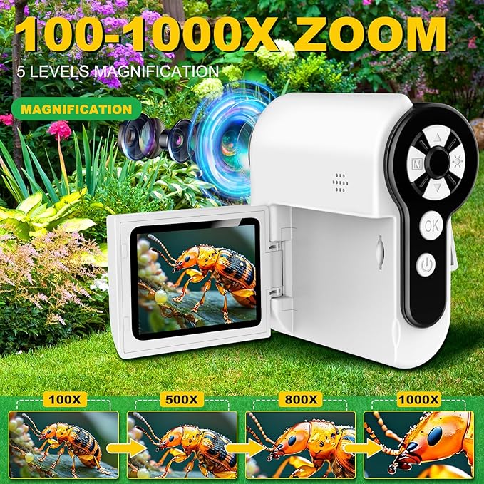 Laradola Microscope for Kids: Mini Pocket Digital Microscope 1000X Zoom Science Kits Learning & Educational STEM Toys for Age 3 4 5 6 7 8 10-12 Boys Girls Christmas Birthday Gifts