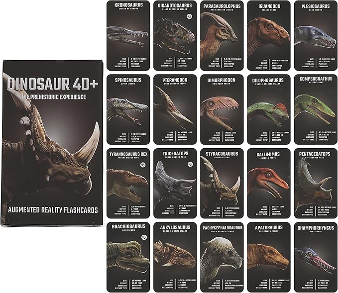 Dinosaur 4D+ Augmented Reality Cards – 20 3D Dinosaurs with Free App, Educational Gift for Kids Ages 5+, Ideal for Classrooms, Homeschooling, STEM Learning and Easy to Use on Phones or Tablets