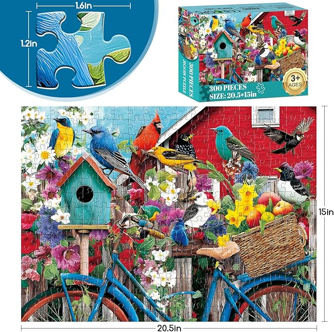300 Piece Puzzles for Adults, Morning Garden Birds Puzzle for Adults Kids Seniors,Large Piece Backyard Fence Bike Puzzle for Kids 8-10 10-12,Spring Gathering Puzzles Perfect for Game Nights,20.5x15 in