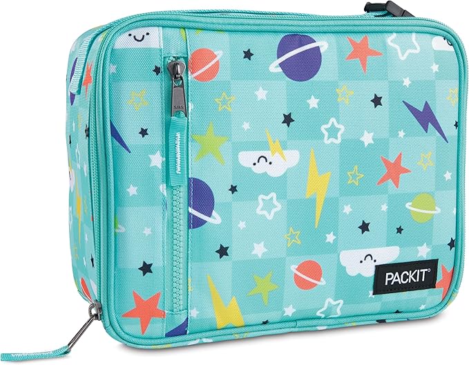 PackIt Freezable Classic Lunch Box, Happy Clouds, Built with ECOFREEZE Technology, Fully Freezable, Collapsible, Reusable, With Zip Front Pocket and Buckle Handle, Designed for Fresh Lunch On the Go