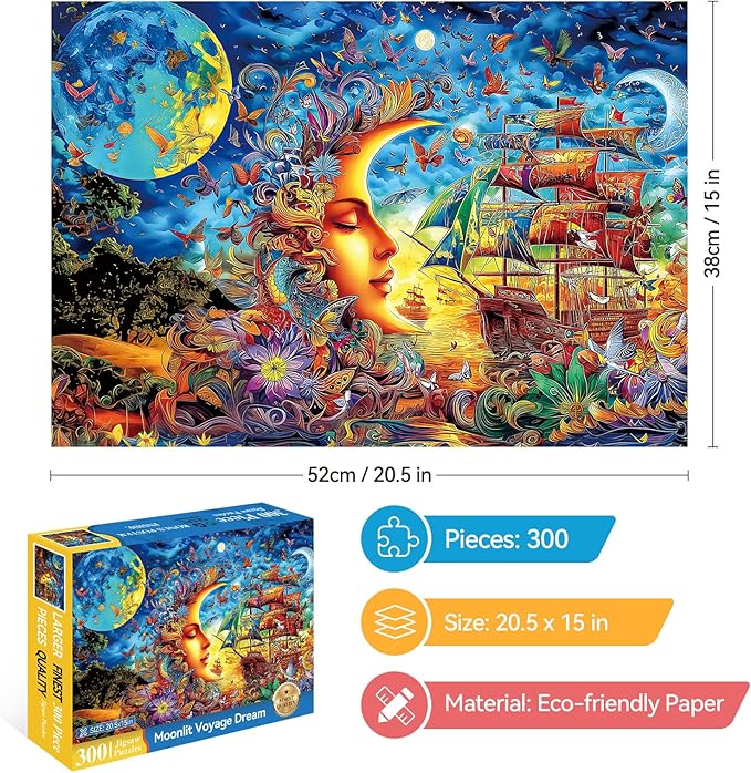 300 Piece Puzzles for Adults Kids, 300 Piece Puzzles for Adults Large Piece, Fantasy Moon Flowers Sailing Ship Jigsaw Puzzle, Challenging Puzzle Perfect for Game Nights, 20.5 X 15 in