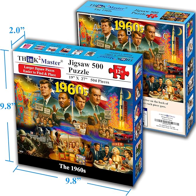 Think2Master 1960s 500 Pieces Large Format Jigsaw Puzzle: Kids 12+, Teens, Adults & Families. Travel Back in Time with The Nostalgic Collage. Great Gift. Size: 26.8” X 18.9”