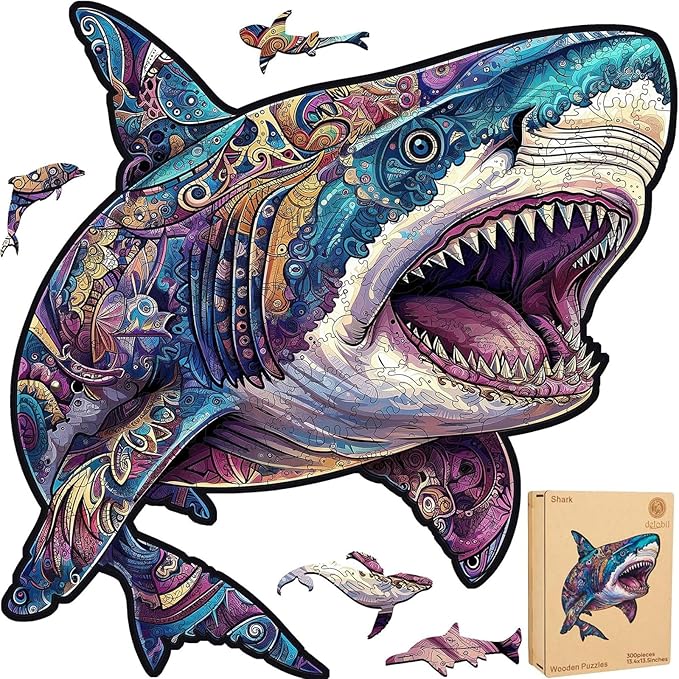 delobil Wooden Puzzles for Adults, Shark Jigsaw Puzzles 300 Pieces, Unique Shape Puzzles with Wooden Box, Family Game Gift, Fun Challenging Puzzles for Adults and Kids 13.4 x 13.5 Inch