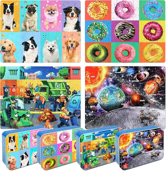 LELEMON Puzzles for Kids Ages 4-6,4-Pack 60 Piece Puzzles for Kids Ages 4-8 in a Metal Box,Donut Dogs Space Garbage Truck Educational Jigsaw Puzzles Puzzle Games Puzzle Toys for Girls and Boys
