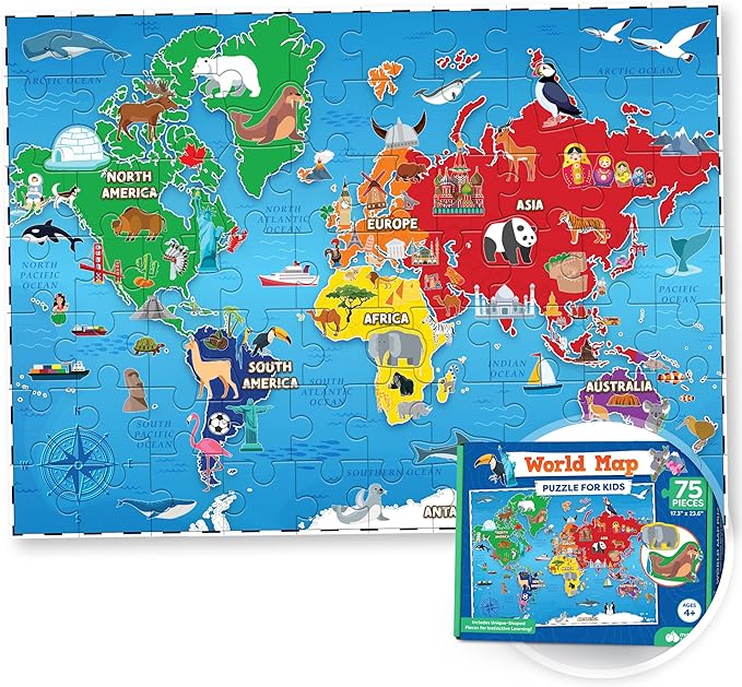 World Map Puzzle for Kids - 75 Piece - World Puzzles with Continents - Childrens Jigsaw Geography Puzzles for Kids Ages 4-8, 5, 6, 7, 8-10 Year Olds - Puzzle Maps Educational Toys for 4+ Year Old