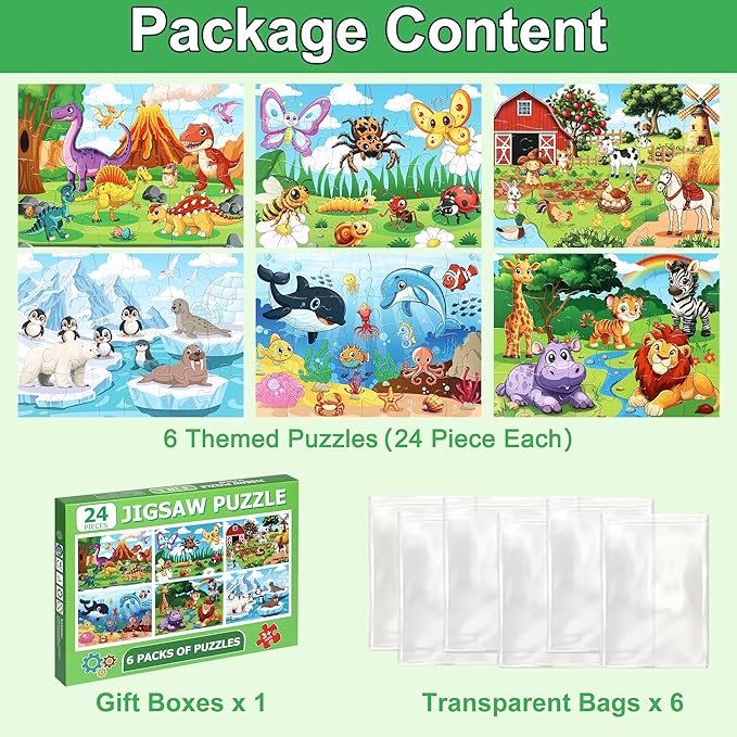 LELEMON Puzzles for Kids Age for 3-5,24 Large Piece Animal Puzzles for Toddler Kids,Children Learning Educational Puzzles Toys for Boys and Girls(6 Packs)