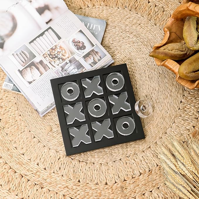 NIKKY HOME Acrylic Tic Tac Toe Wood Board Game Classic Coffee Table Decor Decorative Wooden Travel Game for Family, Black